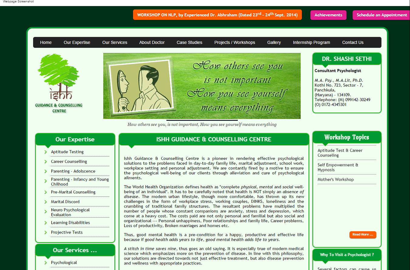Welcome to ISHH GUIDANCE COUNSELLING CENTRE, Dr. Shashi Sethi - Psychiatrist in Panchkula